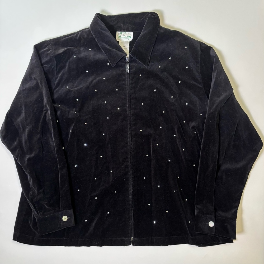 Quacker Factory Velvet Track Jacket Women's Plus 2X Black Rhinestones Full Zip